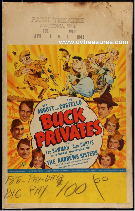 Buck Privates RARE Abbott Costello Window Card Movie Poster